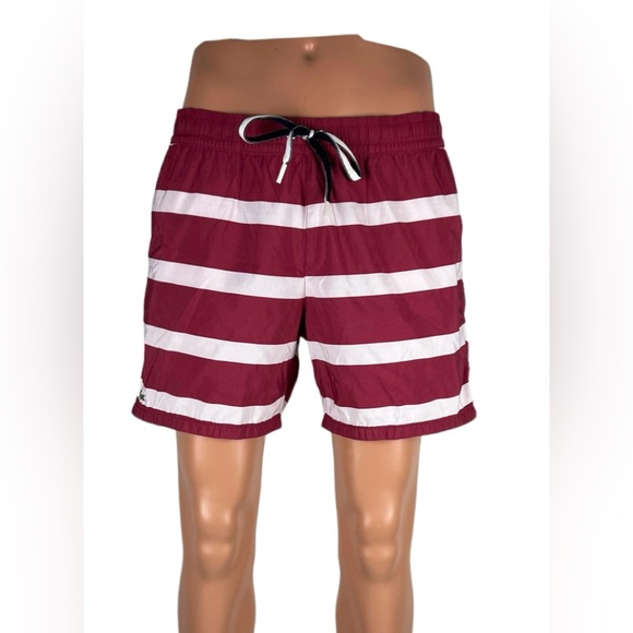 Lacoste Mens Large Swim Shorts Striped Red White 5” Inseam Polyamide Beach EUC - Picture 2 of 12